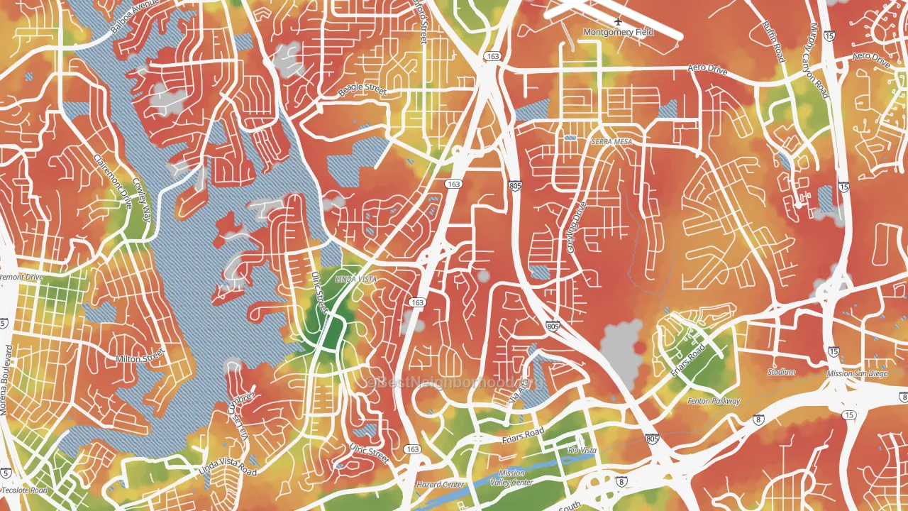 Walk Grade map of Bird Land, San Diego, CA, walkable areas in green and car-dependent areas in red