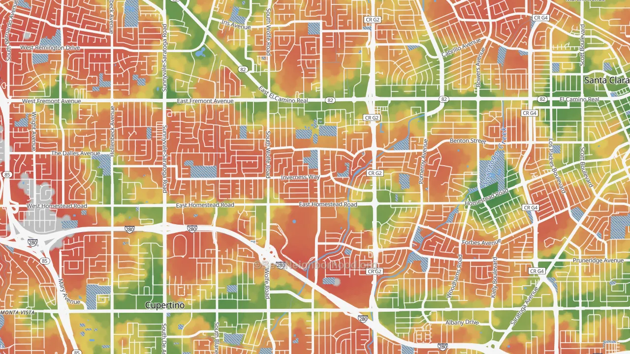 Walk Grade map of Birdland Neighbors, Sunnyvale, CA, walkable areas in green and car-dependent areas in red