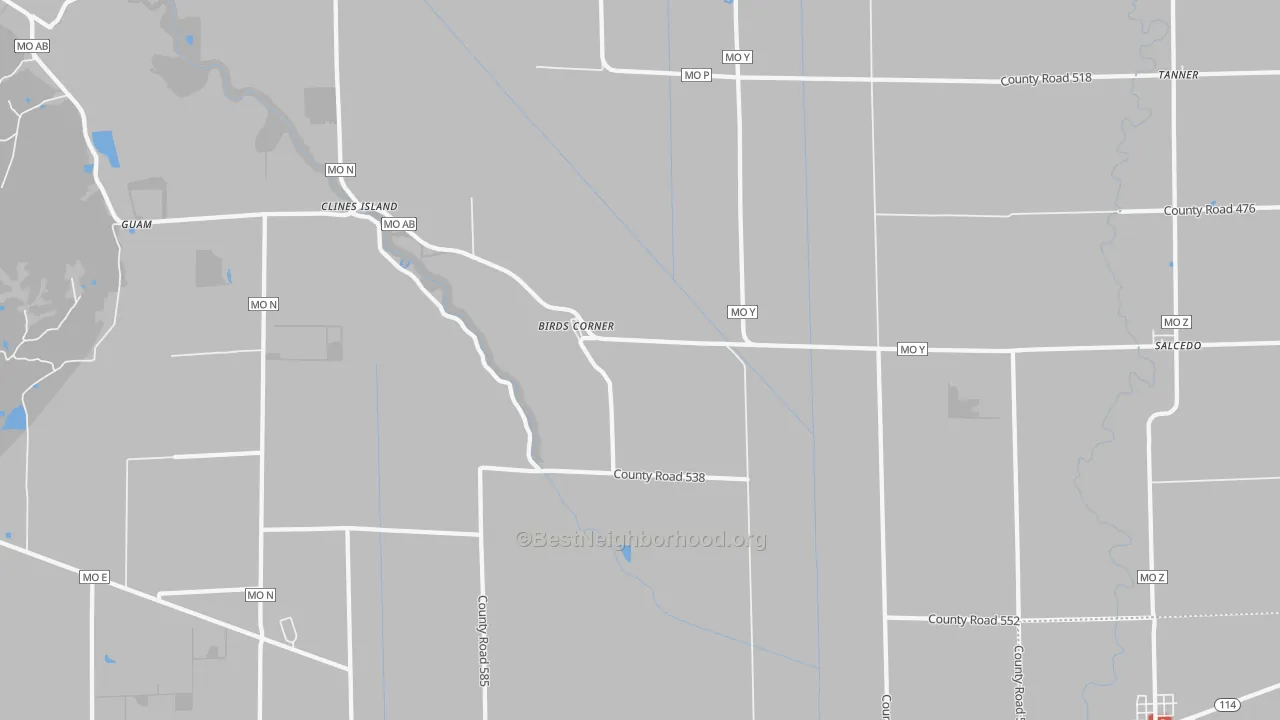Walk Grade map of Birds Corner, MO, walkable areas in green and car-dependent areas in red