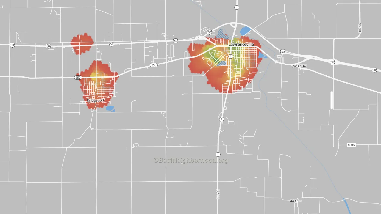 Walk Grade map of Birds, IL, walkable areas in green and car-dependent areas in red