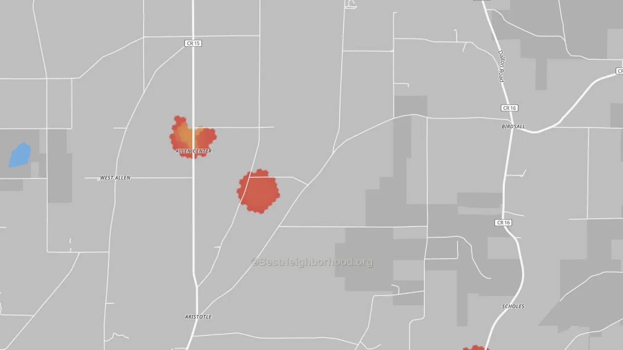 Walk Grade map of Birdsall, NY, walkable areas in green and car-dependent areas in red