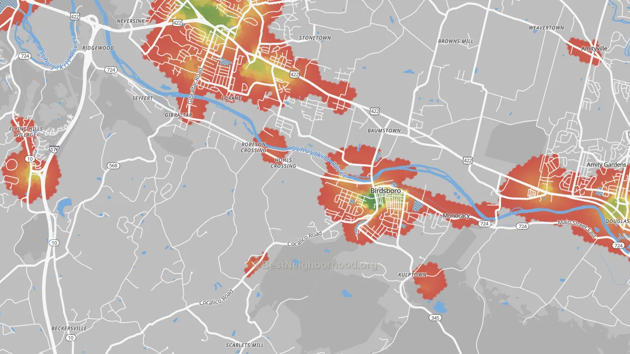 Walk Grade map of Birdsboro, PA, walkable areas in green and car-dependent areas in red