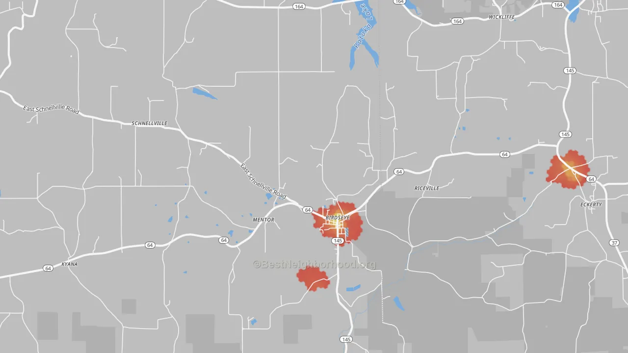 Walk Grade map of Birdseye, IN, walkable areas in green and car-dependent areas in red