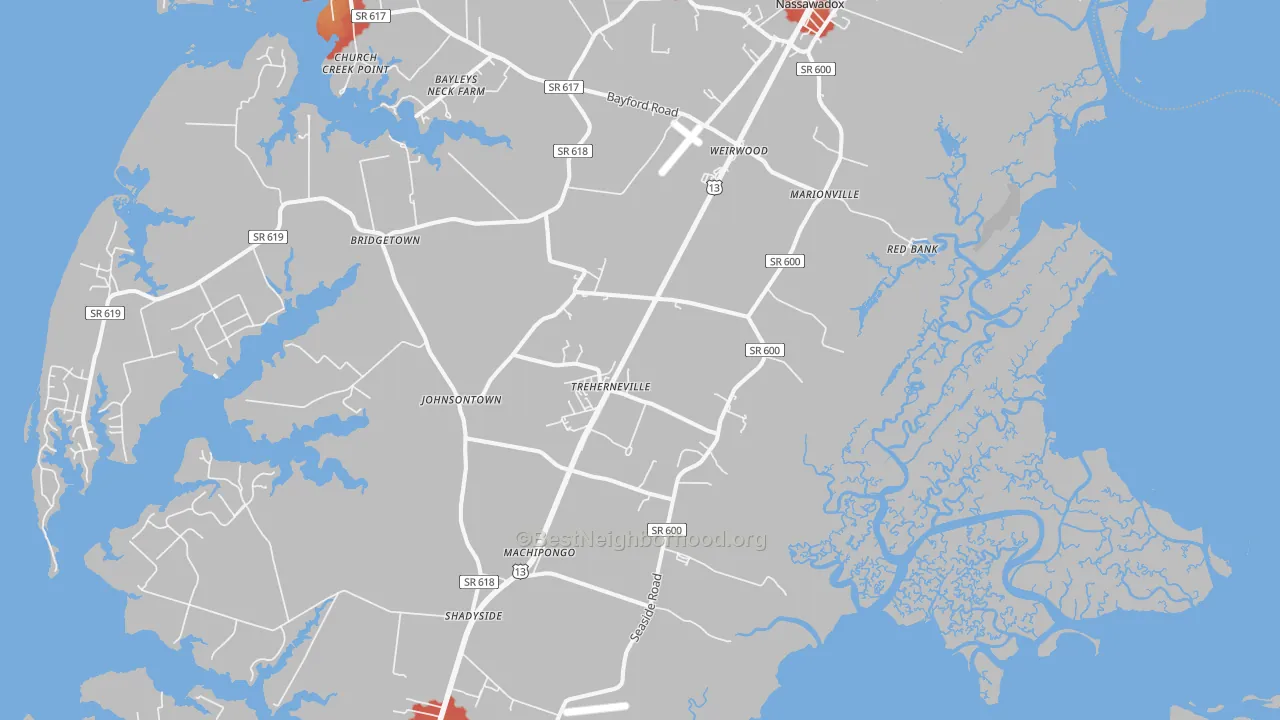 Walk Grade map of Birdsnest, VA, walkable areas in green and car-dependent areas in red