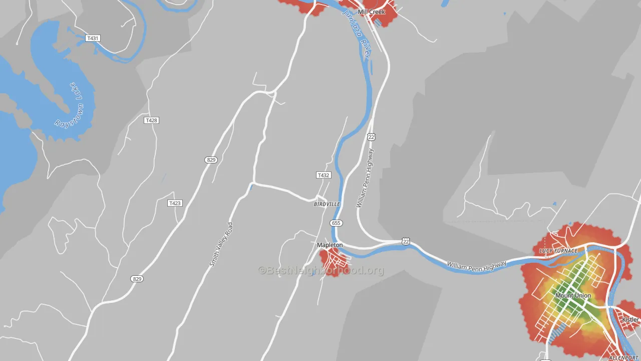 Walk Grade map of Birdville, PA, walkable areas in green and car-dependent areas in red