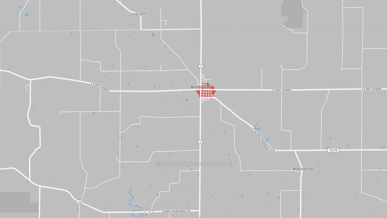 Walk Grade map of Birmingham, IA, walkable areas in green and car-dependent areas in red