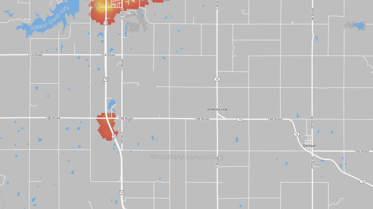 Walk Grade map of Birmingham, KS, walkable areas in green and car-dependent areas in red