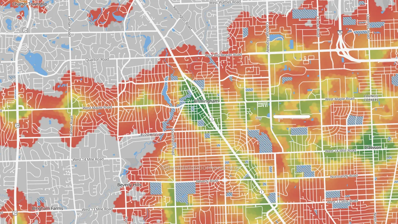 Walk Grade map of Birmingham, MI, walkable areas in green and car-dependent areas in red