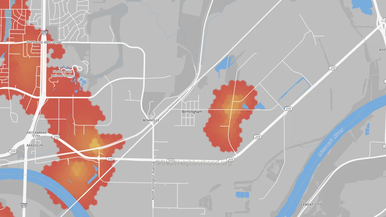 Walk Grade map of Birmingham, MO, walkable areas in green and car-dependent areas in red