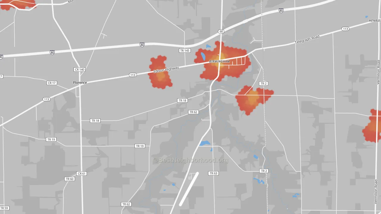 Walk Grade map of Birmingham, OH, walkable areas in green and car-dependent areas in red