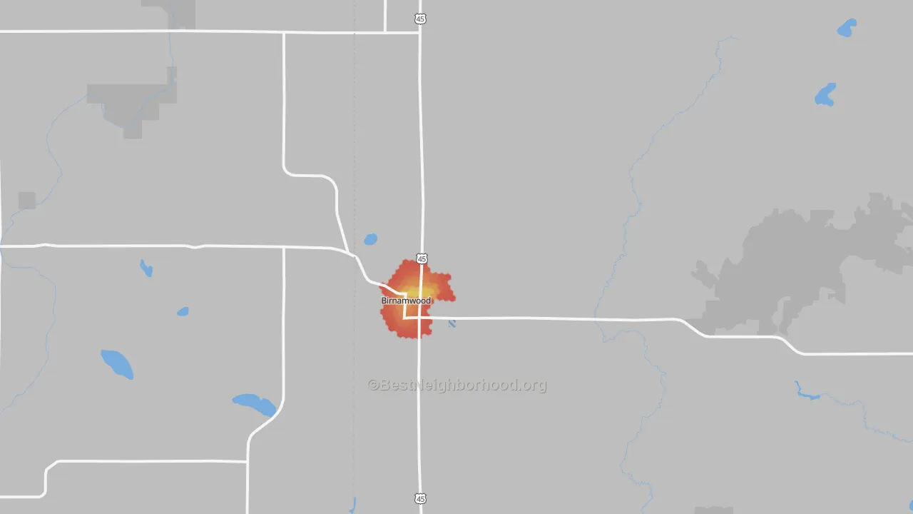 Walk Grade map of Birnamwood, WI, walkable areas in green and car-dependent areas in red