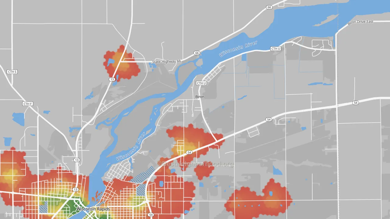 Walk Grade map of Biron, WI, walkable areas in green and car-dependent areas in red