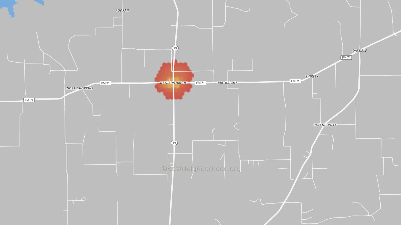 Walk Grade map of Birthright, TX, walkable areas in green and car-dependent areas in red
