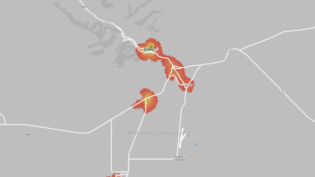 Walk Grade map of Bisbee, AZ, walkable areas in green and car-dependent areas in red