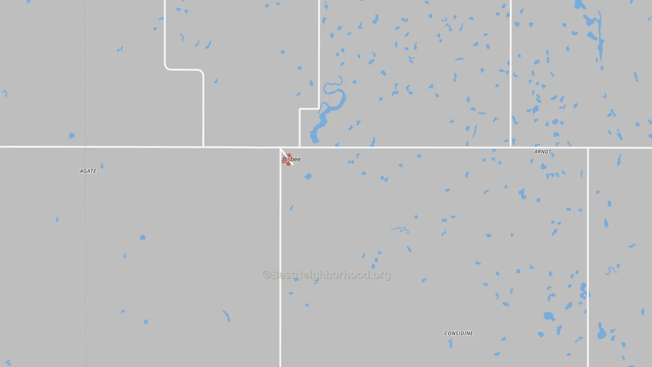 Walk Grade map of Bisbee, ND, walkable areas in green and car-dependent areas in red