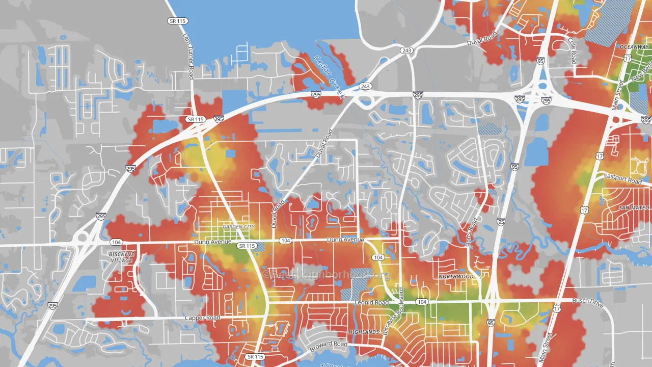 Walk Grade map of Biscayne, Jacksonville, FL, walkable areas in green and car-dependent areas in red