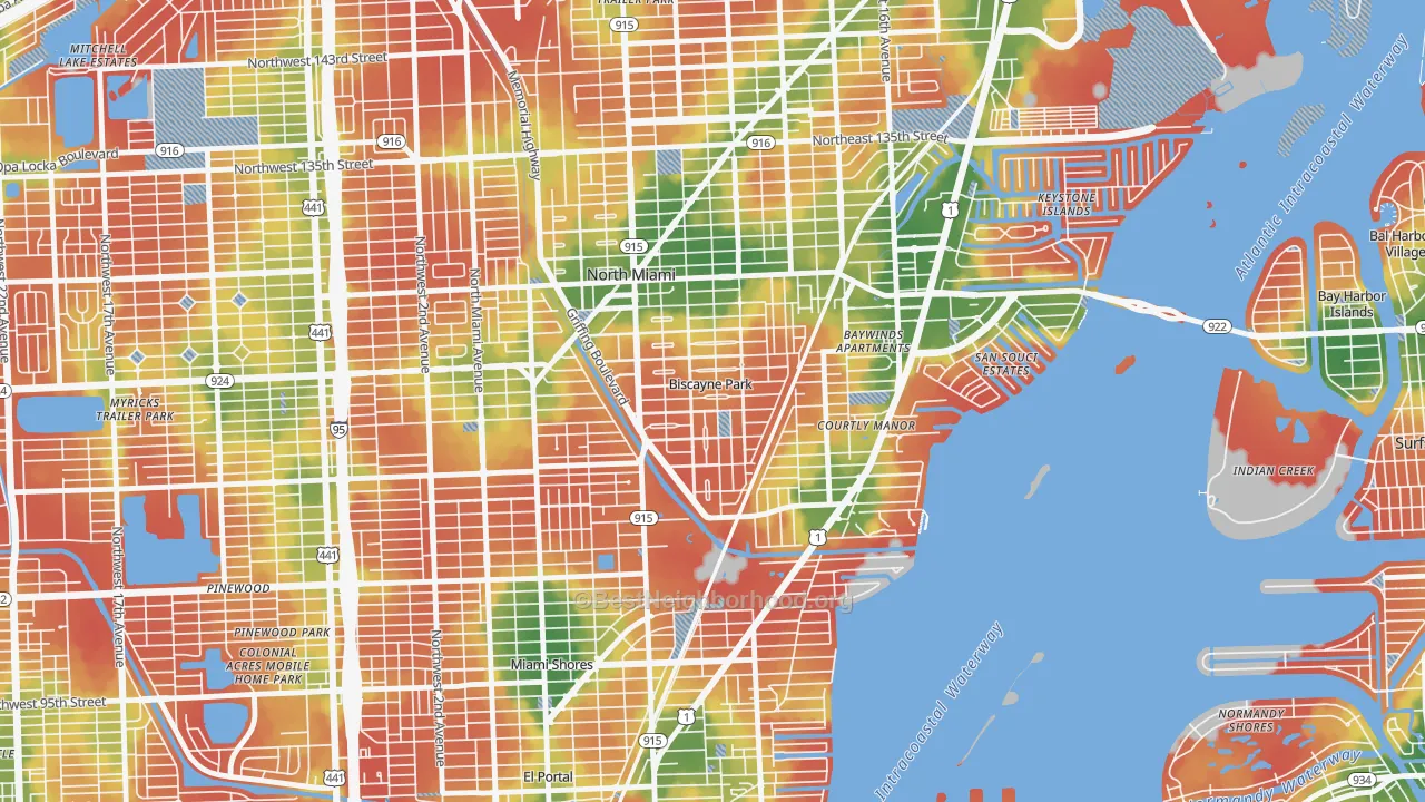 Walk Grade map of Biscayne Park, FL, walkable areas in green and car-dependent areas in red