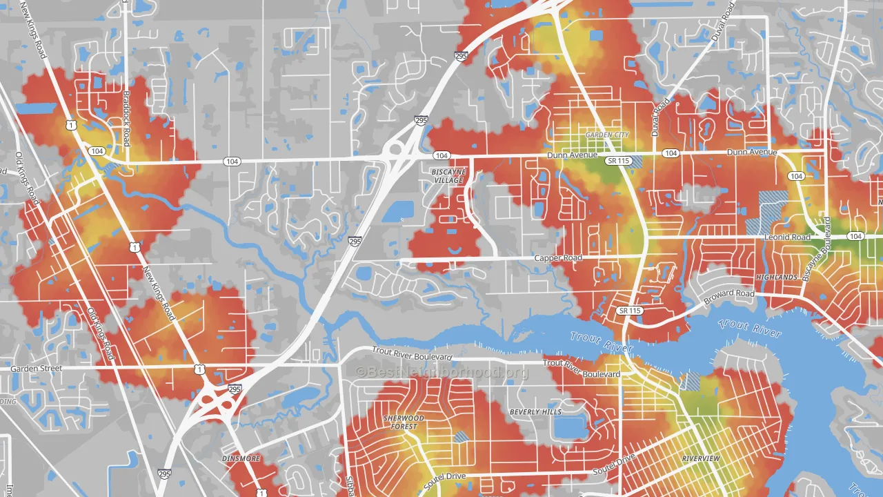 Walk Grade map of Biscayne Terrace, Jacksonville, FL, walkable areas in green and car-dependent areas in red