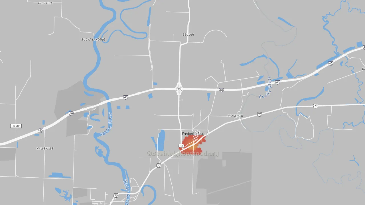 Walk Grade map of Biscoe, AR, walkable areas in green and car-dependent areas in red