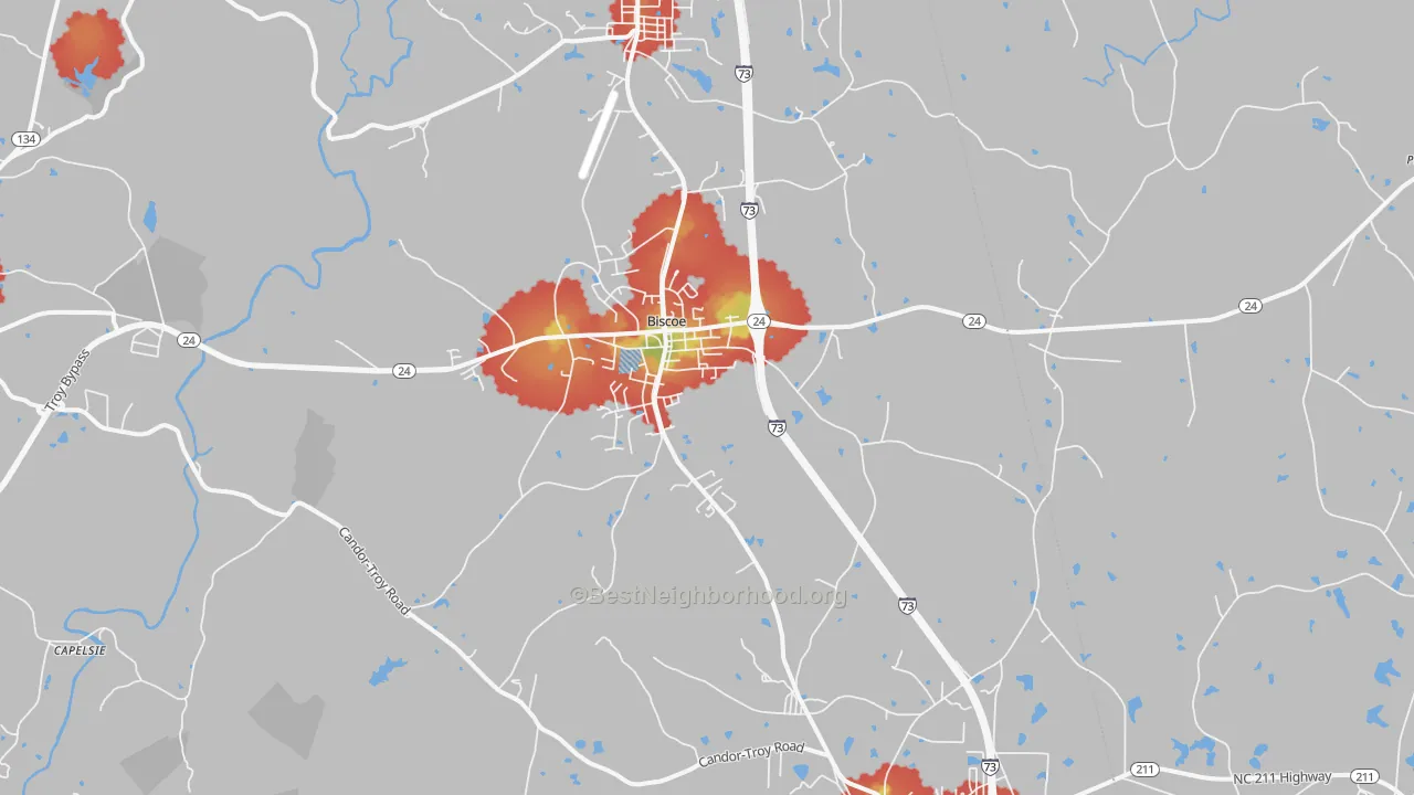 Walk Grade map of Biscoe, NC, walkable areas in green and car-dependent areas in red