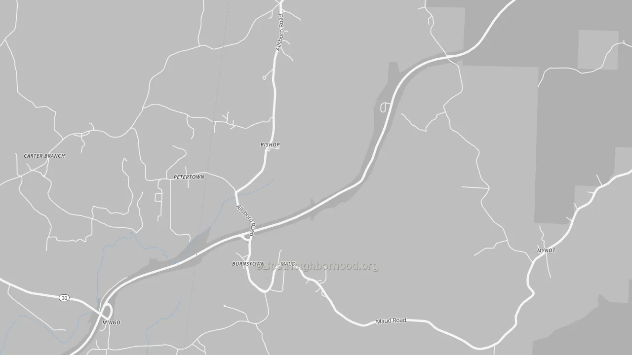 Walk Grade map of Bishop, AL, walkable areas in green and car-dependent areas in red