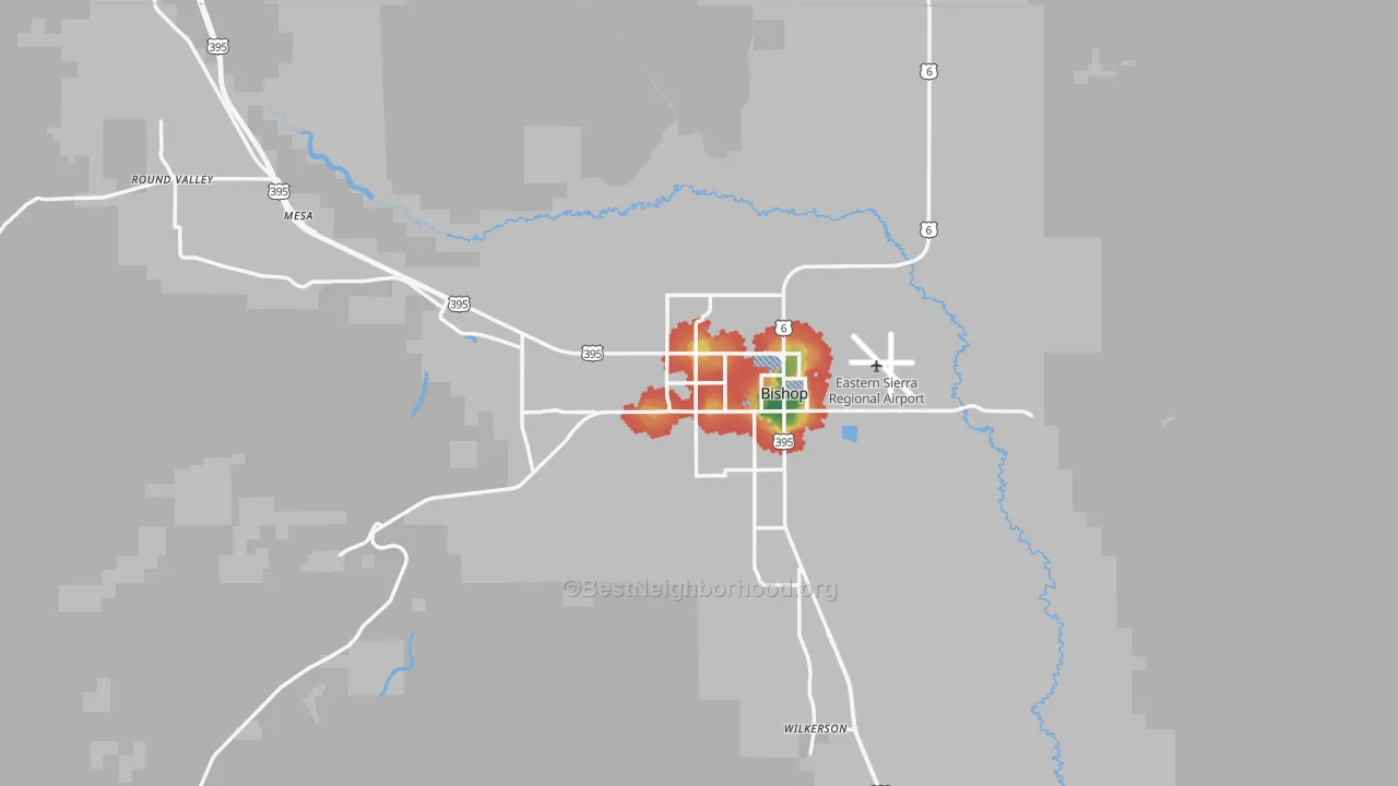 Walk Grade map of Bishop, CA, walkable areas in green and car-dependent areas in red