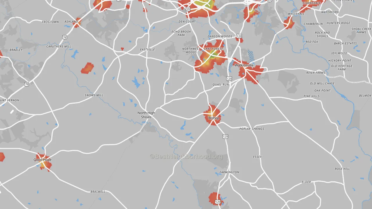 Walk Grade map of Bishop, GA, walkable areas in green and car-dependent areas in red