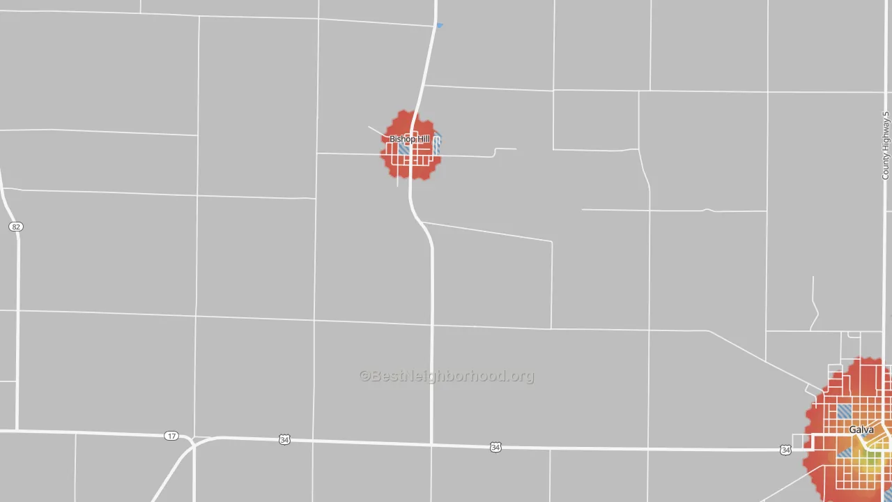 Walk Grade map of Bishop Hill, IL, walkable areas in green and car-dependent areas in red