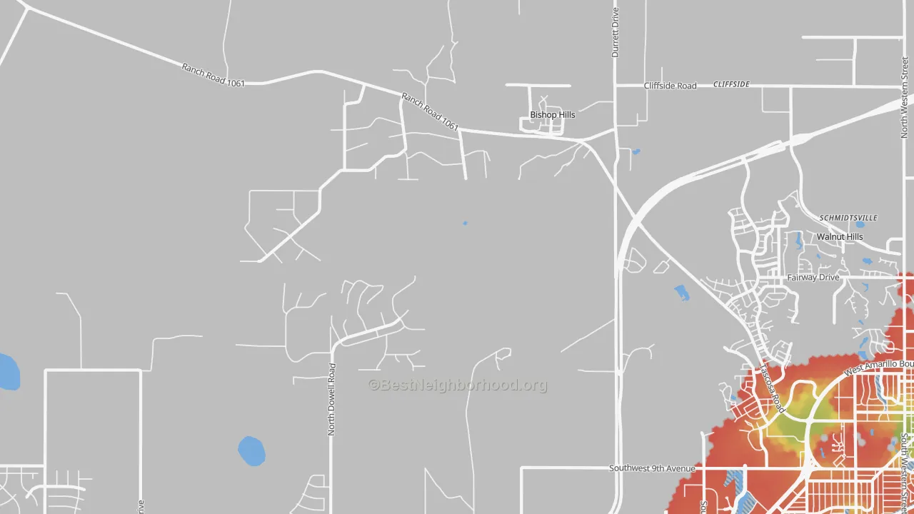 Walk Grade map of Bishop Hills, TX, walkable areas in green and car-dependent areas in red