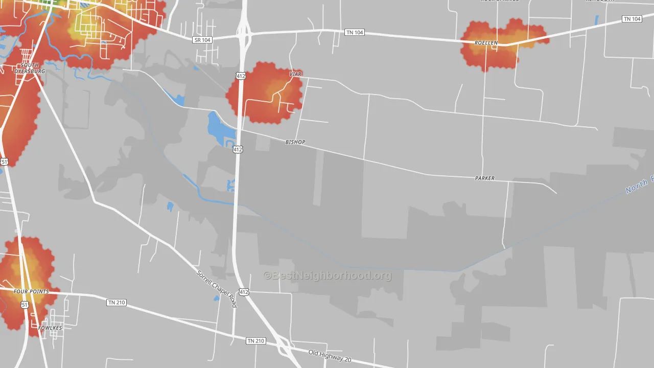 Walk Grade map of Bishop, TN, walkable areas in green and car-dependent areas in red