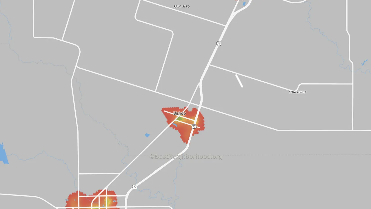 Walk Grade map of Bishop, TX, walkable areas in green and car-dependent areas in red