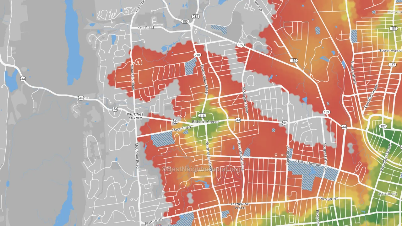 Walk Grade map of Bishops Corner, West Hartford, CT, walkable areas in green and car-dependent areas in red