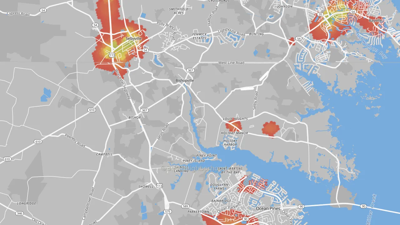 Walk Grade map of Bishopville, MD, walkable areas in green and car-dependent areas in red