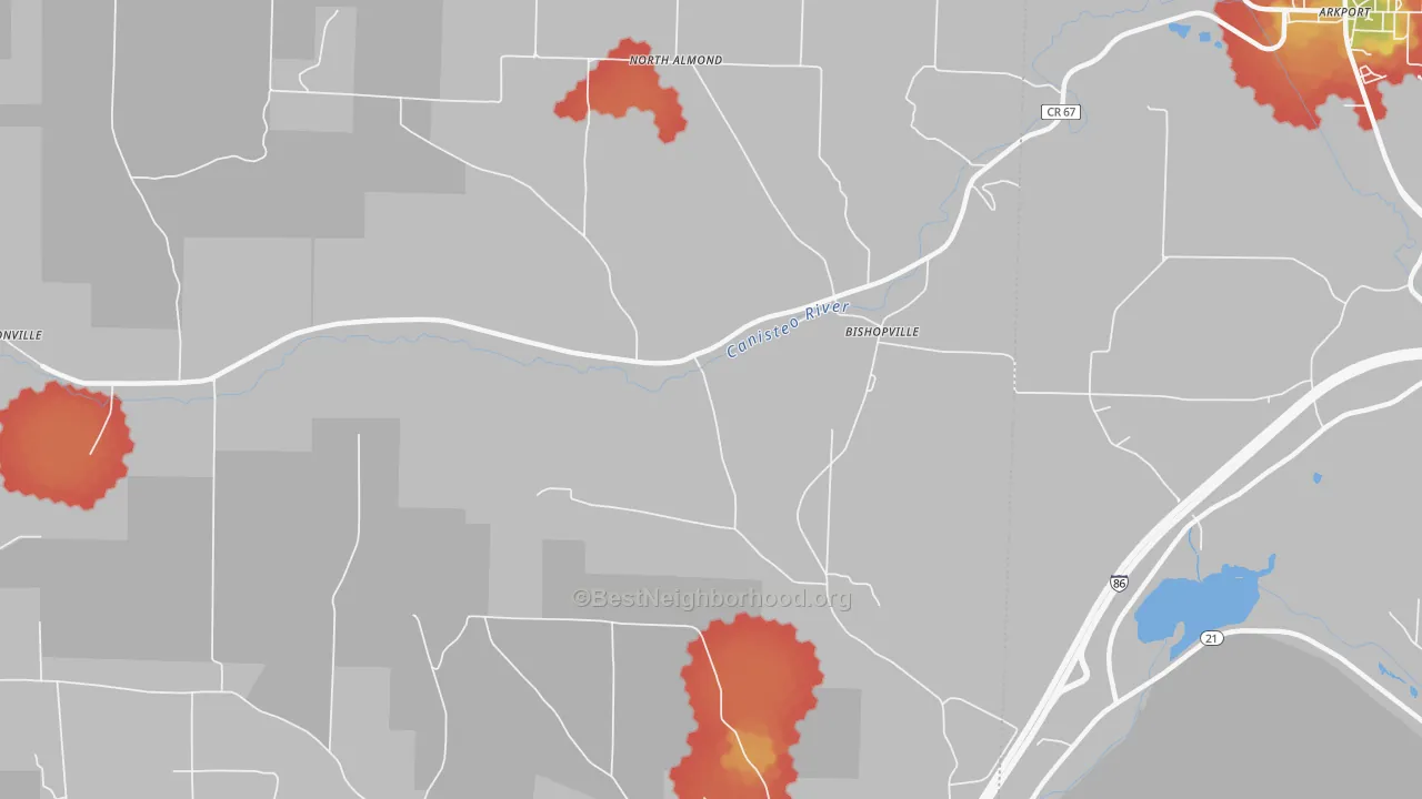Walk Grade map of Bishopville, NY, walkable areas in green and car-dependent areas in red