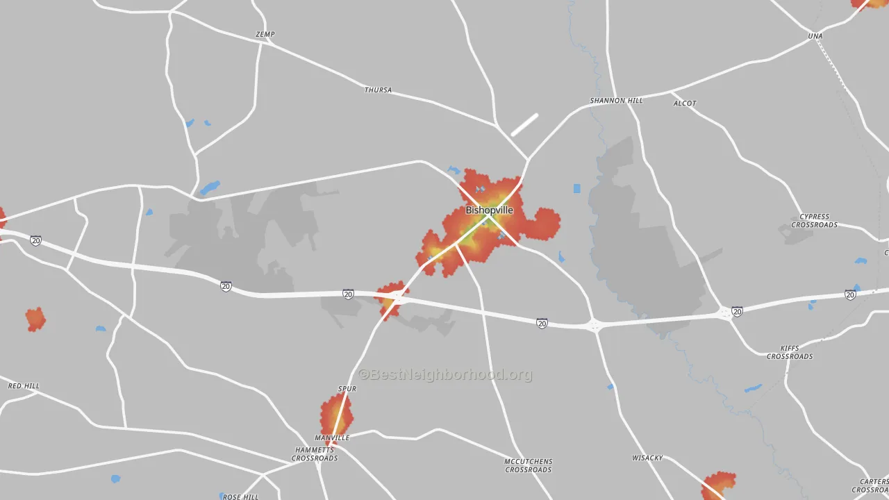 Walk Grade map of Bishopville, SC, walkable areas in green and car-dependent areas in red