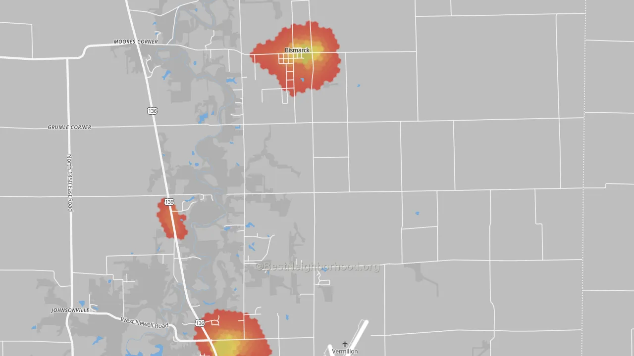 Walk Grade map of Bismarck, IL, walkable areas in green and car-dependent areas in red