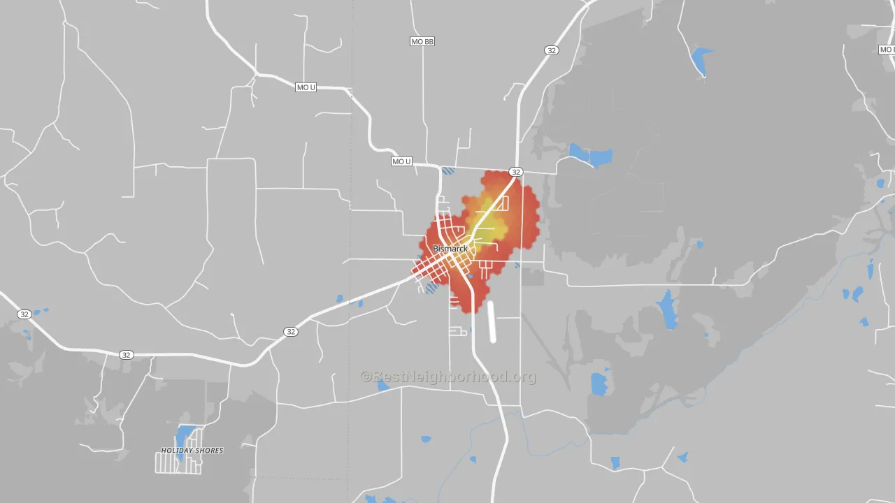 Walk Grade map of Bismarck, MO, walkable areas in green and car-dependent areas in red