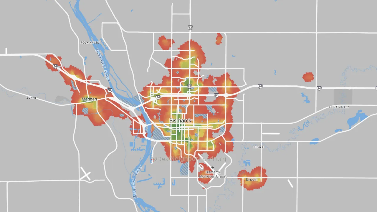 Walk Grade map of Bismarck, ND, walkable areas in green and car-dependent areas in red