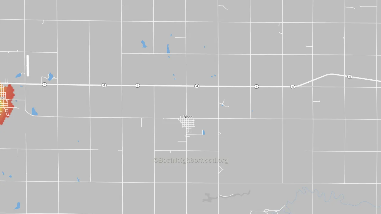 Walk Grade map of Bison, KS, walkable areas in green and car-dependent areas in red