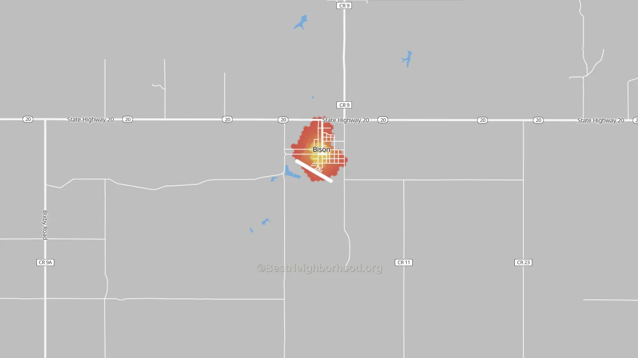 Walk Grade map of Bison, SD, walkable areas in green and car-dependent areas in red