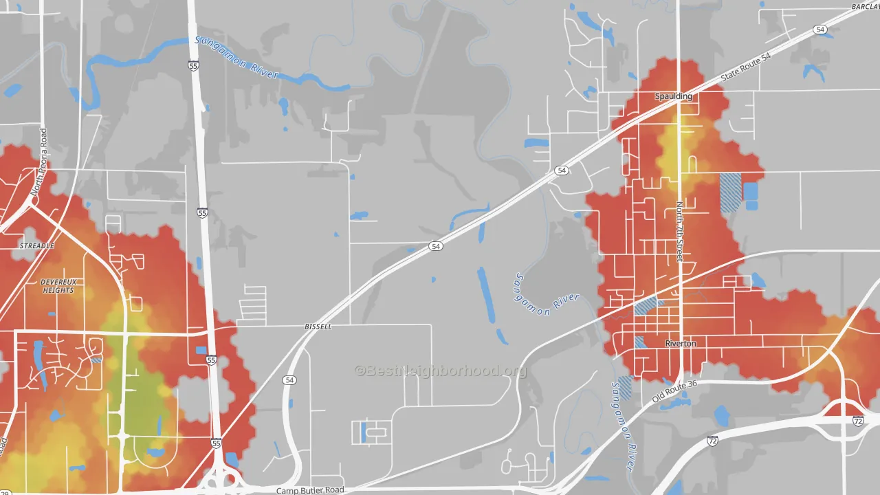 Walk Grade map of Bissell, IL, walkable areas in green and car-dependent areas in red