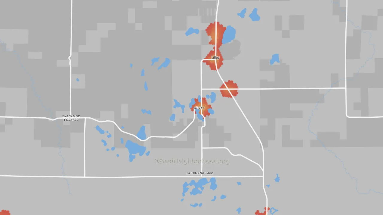 Walk Grade map of Bitely, MI, walkable areas in green and car-dependent areas in red