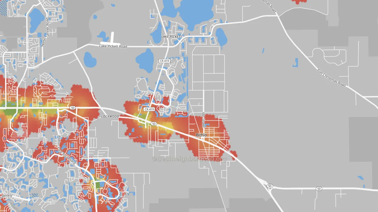 Walk Grade map of Bithlo, FL, walkable areas in green and car-dependent areas in red