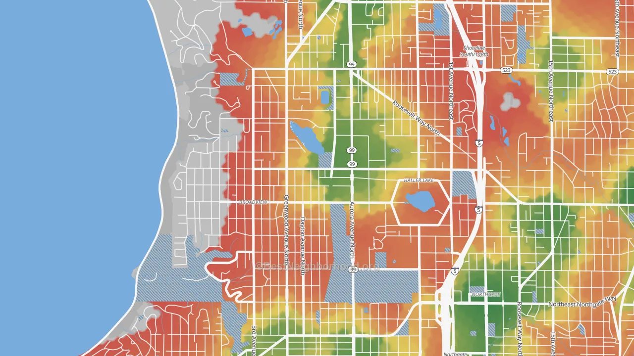 Walk Grade map of Bitter Lake, Seattle, WA, walkable areas in green and car-dependent areas in red