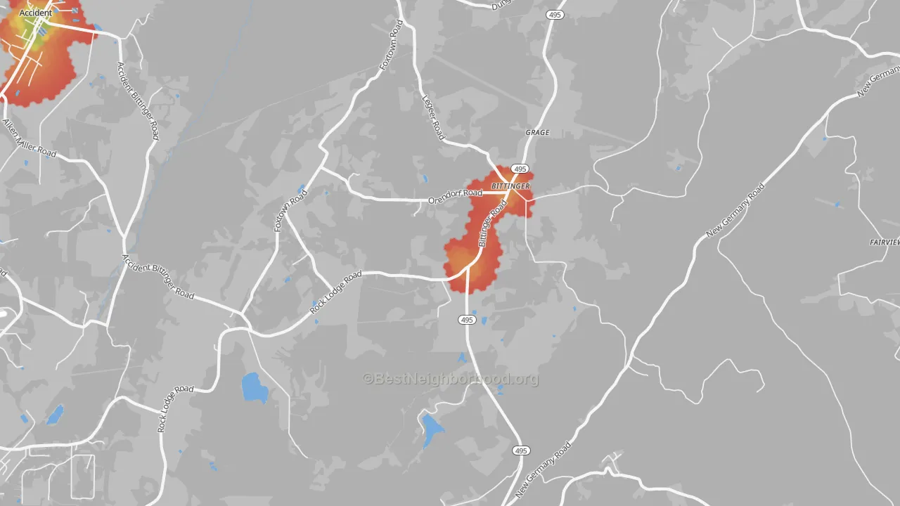 Walk Grade map of Bittinger, MD, walkable areas in green and car-dependent areas in red
