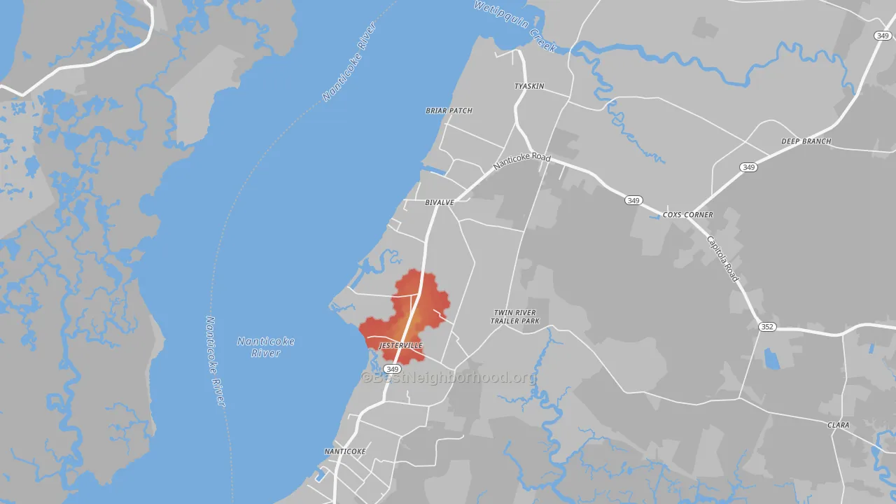 Walk Grade map of Bivalve, MD, walkable areas in green and car-dependent areas in red