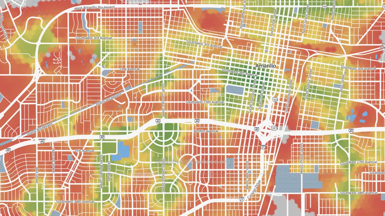 Walk Grade map of Bivins Addition, Amarillo, TX, walkable areas in green and car-dependent areas in red
