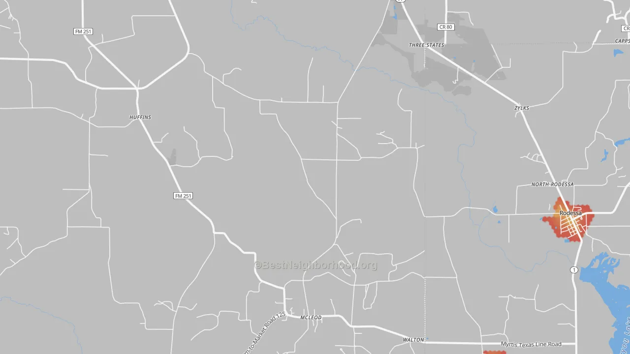 Walk Grade map of Bivins, TX, walkable areas in green and car-dependent areas in red