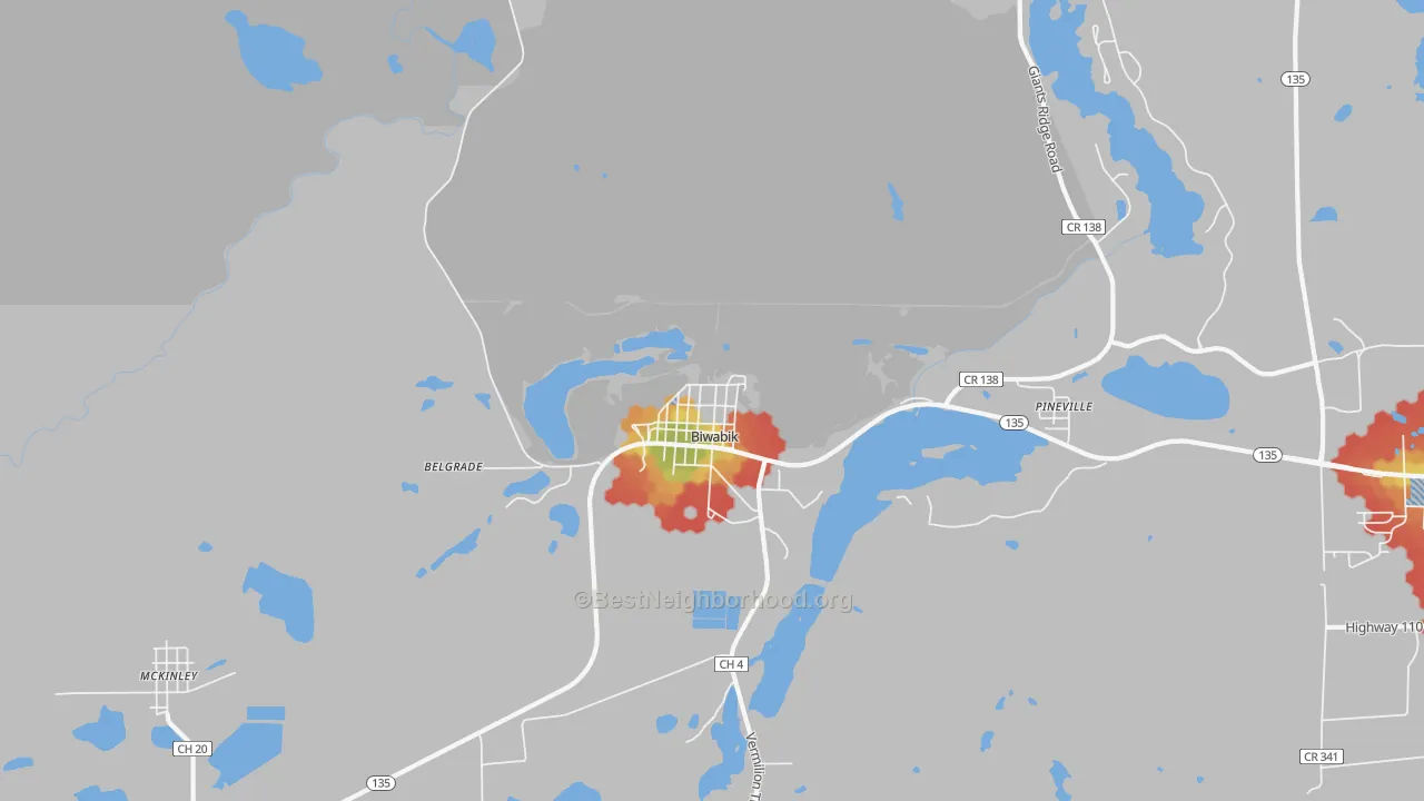 Walk Grade map of Biwabik, MN, walkable areas in green and car-dependent areas in red