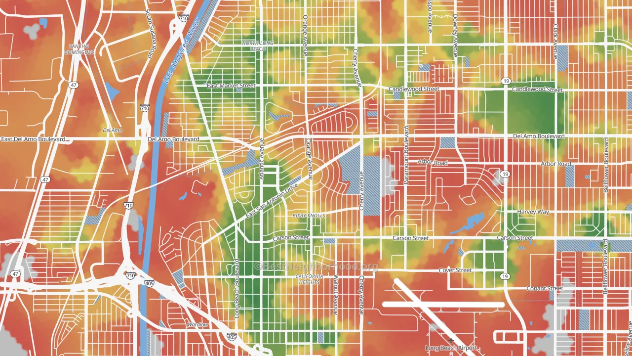 Walk Grade map of Bixby Area, Long Beach, CA, walkable areas in green and car-dependent areas in red